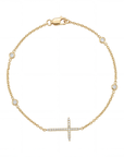 Gold bracelet with diamond accents on cross and chain on a white background