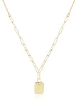 A gold paperclip chain necklace with a small, polished rectangular pendant, displayed on a clean white background.