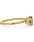 Gold ring with a blue gemstone on a white background