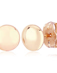 A pair of polished rose gold stud earrings, one shown from the front and the other from the side displaying the butterfly back, on a clean white background with a soft reflection.