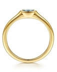 Gold ring with a blue gemstone on a white background shank view