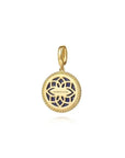 Gold pendant with blue design on a white background