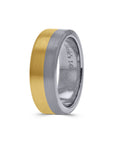 Two-tone ring with gold and silver finish on a white background standing up vertically