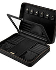 A black zippered jewelry organizer case shown open, with multiple compartments, ring rolls, a mirror on the inside lid, and small ring loops with metal snaps.