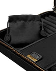 Black leather zippered travel case with a matching black fabric drawstring pouch inside, shown open on a white background. The case has gold-tone zippers, interior roll slots, and a small gold brand plaque reading WOLF.