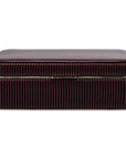 front view of maroon closed ribbed jewelry box with gold clasp on a white background
