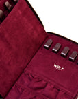 Maroon jewelry case with 'WOLF' branding on a white background