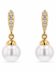 A pair of gold drop earrings featuring a row of clear pavé-set round diamonds on the top bar and a large, lustrous white pearl dangling below, set against a plain white background.