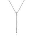 Silver necklace with a bar pendant on a white background