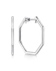 Silver hexagonal hoop earrings on a white background