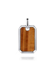 A rectangular dog tag pendant featuring a warm brown Tigers eye center inlay, surrounded by a polished silver-tone metal border and a matching top loop, shown on a clean white background.