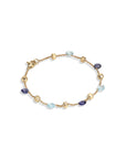 Gold bracelet with multicolored beads on a white background to view