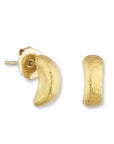 A pair of Lika Behar "Half Drum" structural stud earrings in hand-hammered pure 24K yellow gold, showing the wide J-hoop front profile and a 14K gold friction butterfly backing.