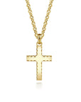 Gold beveled cross necklace shown on chain on a white background