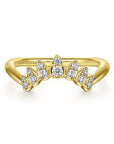 A delicate 14k yellow gold curved diamond anniversary band by Gabriel & Co., showcasing a continuous row of shared-prong pavé diamonds totaling 0.20 carats.