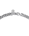 Silver chain clasp up close on a white background