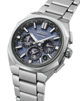 Seiko Astron watch with silver metal bracelet on a white background- angled