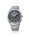 Silver Seiko watch with a blue face on a white background facing
