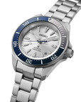 An angled close up view of the Seiko Prospex 145th Anniversary Limited Edition watch HBB001 showcasing a sharp stainless steel case, a silver-white dial with a date window, a two-tone unidirectional bezel with blue accents, a blue seconds hand, and a solid stainless steel link bracelet on a white background.