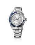 A front view of the Seiko Prospex 145th Anniversary Limited Edition watch HBB001 showcasing a sharp stainless steel case, a silver-white dial with a date window, a two-tone unidirectional bezel with blue accents, a blue seconds hand, and a solid stainless steel link bracelet on a white background.