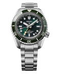 A Seiko Prospex 1968 Heritage Diver's GMT HBC001J1 automatic watch, featuring a 42mm stainless steel case, a glossy green ceramic elapsed-time bezel, a matching pacific green dial with large luminous markers, a gold-tone GMT hand, and a steel link bracelet.
