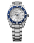 Seiko HBC005 with silver silvery white dial and blue bezel slightly tilted