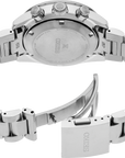 A Seiko stainless steel chronograph watch with a green dial and a black bezel featuring a green 24-hour marker ring, shown on a clean white background - back view