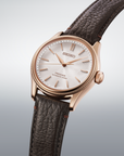 Seiko watch with brown leather strap on a light gray background angled