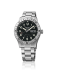 Seiko watch with black dial and silver metal bracelet on a white background