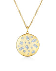 yellow pendant with mixed shaped diamonds on a chain with a white background