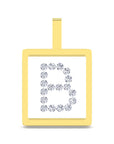 A square yellow gold initial pendant featuring the letter 'B' set with clear round-cut gemstones on a white background, complete with a top loop for a chain.