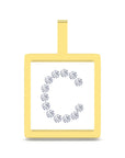 A square yellow gold pendant with a top loop, featuring a white center set with a circular arrangement of small clear gemstones that form the letter 'C'.
