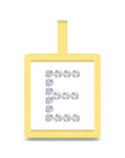 A square pendant with a gold border and a top loop, featuring the letter 'E' outlined with small clear gemstones on a white background.