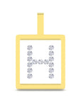 A square pendant with a yellow gold border and a top loop, featuring the letter 'H' formed by small clear gemstones on a white center panel, shown on a plain white background.