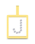 A square yellow gold pendant with a top loop, featuring a white center inlaid with a curved row of clear gemstones spelling the letter 'J'.