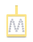 A square pendant with a yellow gold border and a top loop, featuring the letter 'M' formed by small clear gemstones on a white center panel, shown on a plain white background.