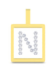 A square yellow gold pendant with a top loop, featuring the letter 'N' outlined and filled with sparkling clear gemstones on a white background.