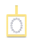 A square pendant with a yellow gold border and a top loop, featuring the letter 'O' formed by small clear gemstones on a white center panel, shown on a plain white background.