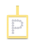 A square pendant with a gold border and a top loop, featuring a white center set with a large letter 'P' made of clear gemstones, shown on a plain white background.