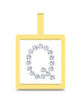 A square yellow gold pendant with a top loop, featuring a white center set with a circular arrangement of clear gemstones spelling the letter 'Q'.
