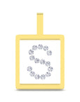 A square pendant with a gold-tone border and top loop, featuring a white center set with a large letter S made of small clear gemstones, shown on a plain white background.