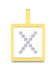 A square yellow gold pendant with a top loop, featuring a white center inlaid with a sparkling silver-toned letter 'X' made of small round stones, shown on a plain white background.