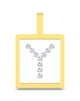 A yellow gold pendant with a square frame and a top bail, featuring a Y-shaped arrangement of clear round-cut gemstones in the center, shown on a plain white background.