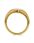 Gold ring with small diamonds on a white background shank view