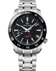 Grand Seiko watch with black dial and silver bracelet on a white background