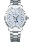 Studio product photograph of the Grand Seiko SBGJ249 Elegance GMT watch, featuring a 39.5mm stainless steel case, a light blue horizontal wave textured "Shōsho" dial, a dark blue GMT hand, and a matching steel link bracelet.