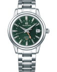 Studio product photograph of the Grand Seiko SBGJ251 Elegance GMT watch, featuring a 39.5mm stainless steel case, a textured dark green "Shunbun" dial with an arrow-tipped rose gold GMT hand, and a matching steel link bracelet.