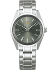 Studio product photograph of the mid-sized Grand Seiko SBGW311 "Tsuyu" Heritage watch, showcasing its 36.5mm stainless steel 44GS case, an organic grayish-green "Mt. Iwate" ridge-patterned dial, razor-sharp silver indexes, and a matching steel link bracelet.
