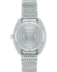 Silver Seiko watch with detailed case back on a white background