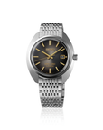 A King Seiko SJE121 limited edition automatic watch, showcasing its 38.6mm ultra-slim stainless steel case, textured charcoal black dial with multifaceted silver indices, and a vintage-style seven-link metal bracelet.